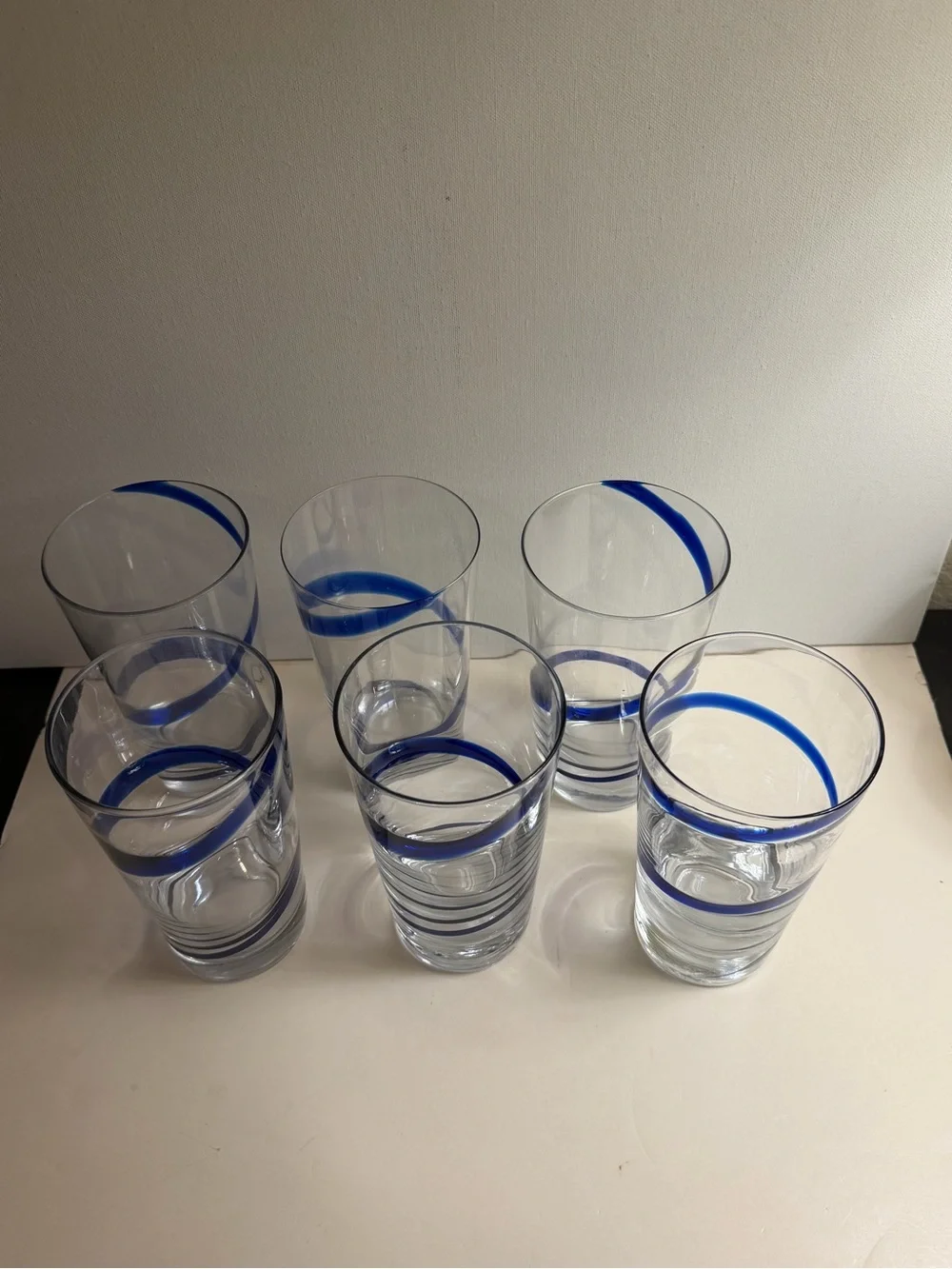 PIER 1 Set of 6 Swirline Clear & Cobalt Blue Tall Glass Tumblers 20 Ounce